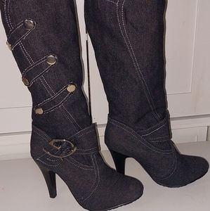 Chic stitched denim and buckled stiletto heeled women's boots. Size 39 UK. 7 US